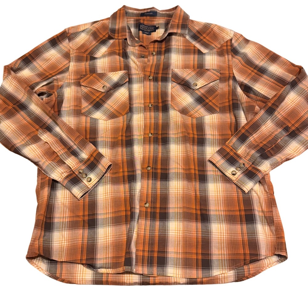 Pendleton Frontier Plaid Pearl Snap Western Shirt Mens Large Orange Brown Ranch